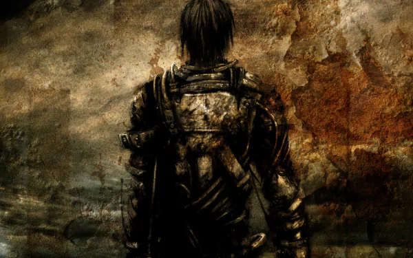 HD PC desktop wallpaper featuring a dark, gritty character from the video game Drakengard standing against a textured, ominous background.