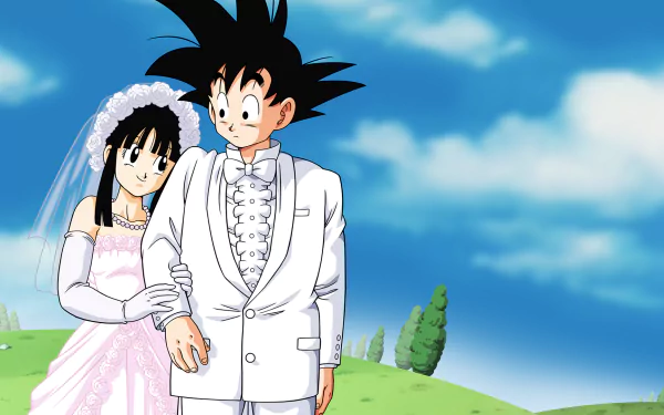 Goku and Chi-Chi from Dragon Ball stand together in a vibrant outdoor setting, dressed in wedding attire, capturing a heartfelt moment from the anime.
