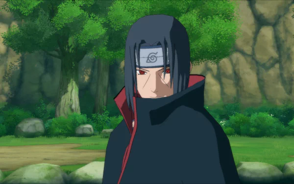 Itachi Uchiha stands stoically in vibrant scenery from *Naruto Shippuden: Ultimate Ninja Storm 4*, showcasing his iconic design against a lush, natural background.