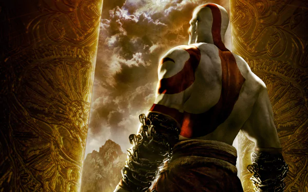 A striking HD wallpaper featuring Kratos from the video game God of War, poised in a dramatic landscape with golden patterns framing the ominous clouds behind him.