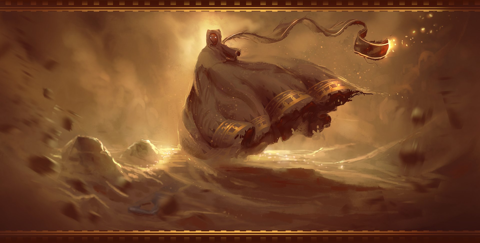 A mysterious cloaked figure stands in a swirling desert storm, with glowing accents on their garment, rendered in detailed fantasy art for 4K Ultra HD PC desktop wallpaper.