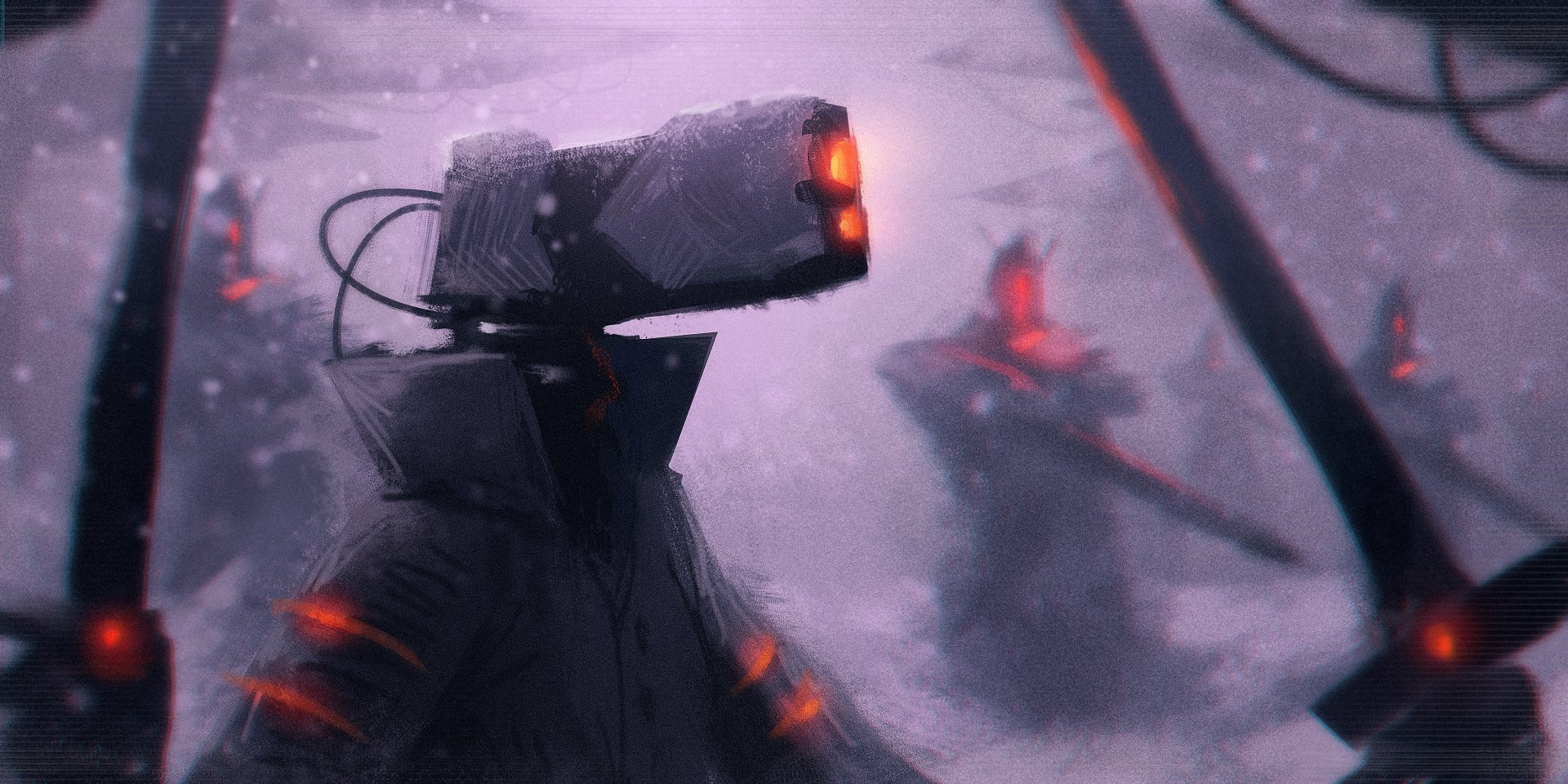 A mysterious robot with a blocky head and glowing red eyes stands in a snowy landscape, surrounded by shadowy figures. This HD sci-fi wallpaper evokes a thrilling, futuristic atmosphere.