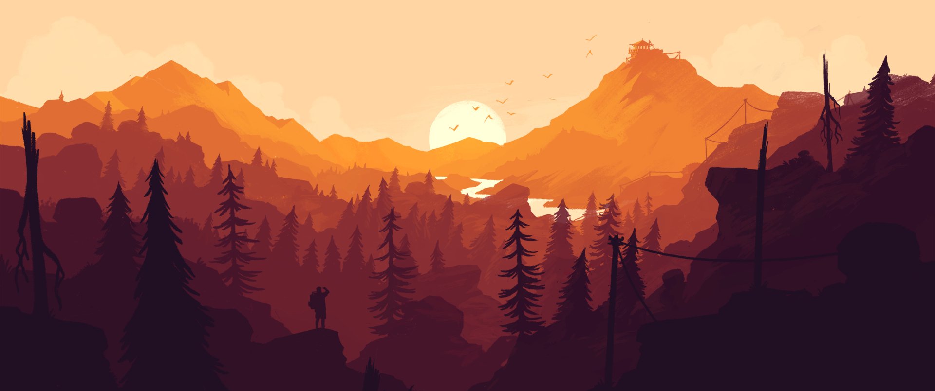 A stunning sunset scene from the video game Firewatch, featuring silhouettes of mountains, pine trees, and a river, creating a serene and immersive atmosphere. HD desktop wallpaper.