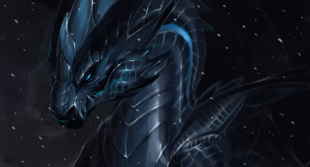 HD fantasy PC desktop wallpaper featuring a dark, intricately detailed dragon with glowing blue eyes against a shadowy background.