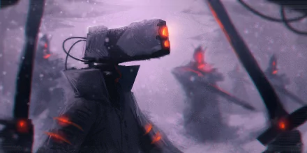 A mysterious robot with a blocky head and glowing red eyes stands in a snowy landscape, surrounded by shadowy figures. This HD sci-fi wallpaper evokes a thrilling, futuristic atmosphere.
