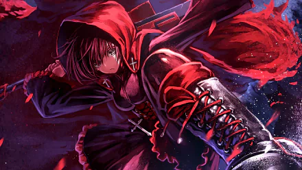 HD wallpaper featuring Ruby Rose from the anime RWBY, showcasing her dynamic pose in vibrant reds and dark tones, capturing the essence of her character’s strength and determination.