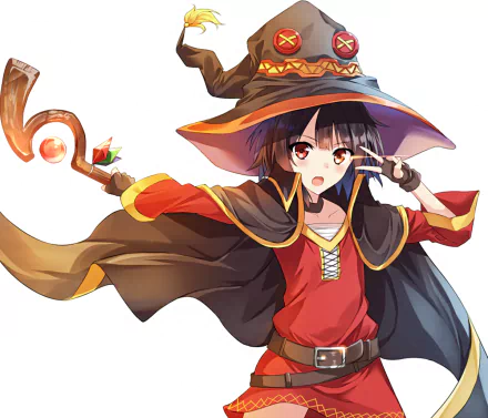 HD desktop wallpaper featuring Megumin from KonoSuba - God's blessing on this wonderful world!! in her signature outfit, poised with her staff.