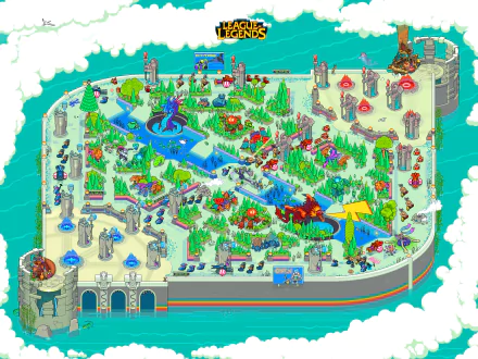 A vibrant HD desktop wallpaper in pixel art style depicting a detailed map from the video game League of Legends. The image is colorful and intricately designed, showcasing various elements and terrains.