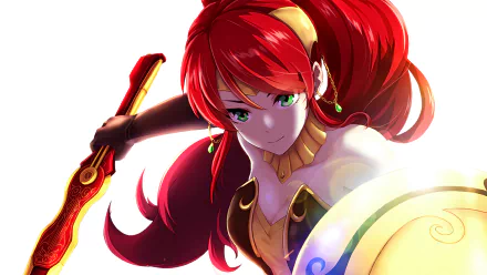 Anime character Pyrrha Nikos from RWBY with long red hair, green eyes, wearing earrings, and holding a sword, featured in an HD desktop wallpaper.