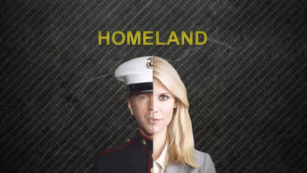 HD PC desktop wallpaper showing a split portrait of two Homeland characters—male in Marine dress uniform and blonde woman—with HOMELAND title on a textured background.