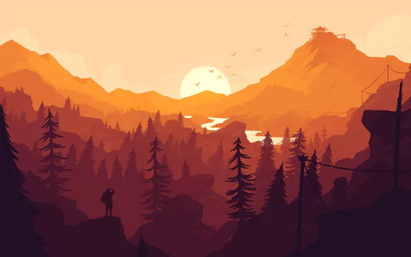 A stunning sunset scene from the video game Firewatch, featuring silhouettes of mountains, pine trees, and a river, creating a serene and immersive atmosphere. HD desktop wallpaper.