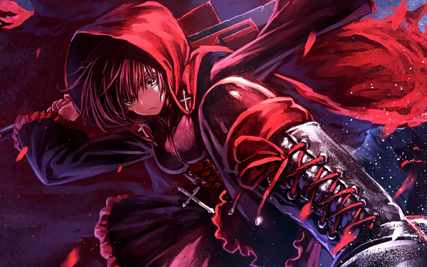 HD wallpaper featuring Ruby Rose from the anime RWBY, showcasing her dynamic pose in vibrant reds and dark tones, capturing the essence of her character’s strength and determination.
