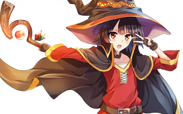 HD desktop wallpaper featuring Megumin from KonoSuba - God's blessing on this wonderful world!! in her signature outfit, poised with her staff.