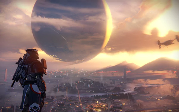A stunning HD desktop wallpaper featuring a sci-fi cityscape from Destiny, showcasing a guardian overlooking the vibrant landscape with a large planet in the sky.