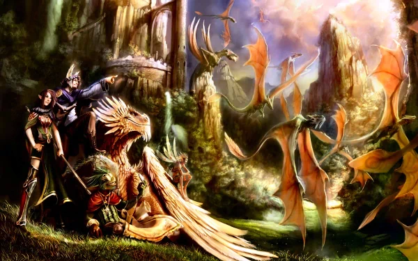 A high-definition desktop wallpaper featuring a fantasy scene with a fairy warrior and an elf alongside a dragon. Dragons soar in the sky over a lush, mystical landscape.