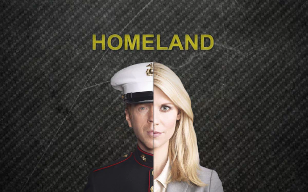HD PC desktop wallpaper showing a split portrait of two Homeland characters—male in Marine dress uniform and blonde woman—with HOMELAND title on a textured background.