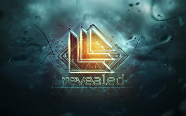 HD PC desktop wallpaper featuring the Revealed record label logo associated with Hardwell, set against a dark, electrifying background with abstract light effects.