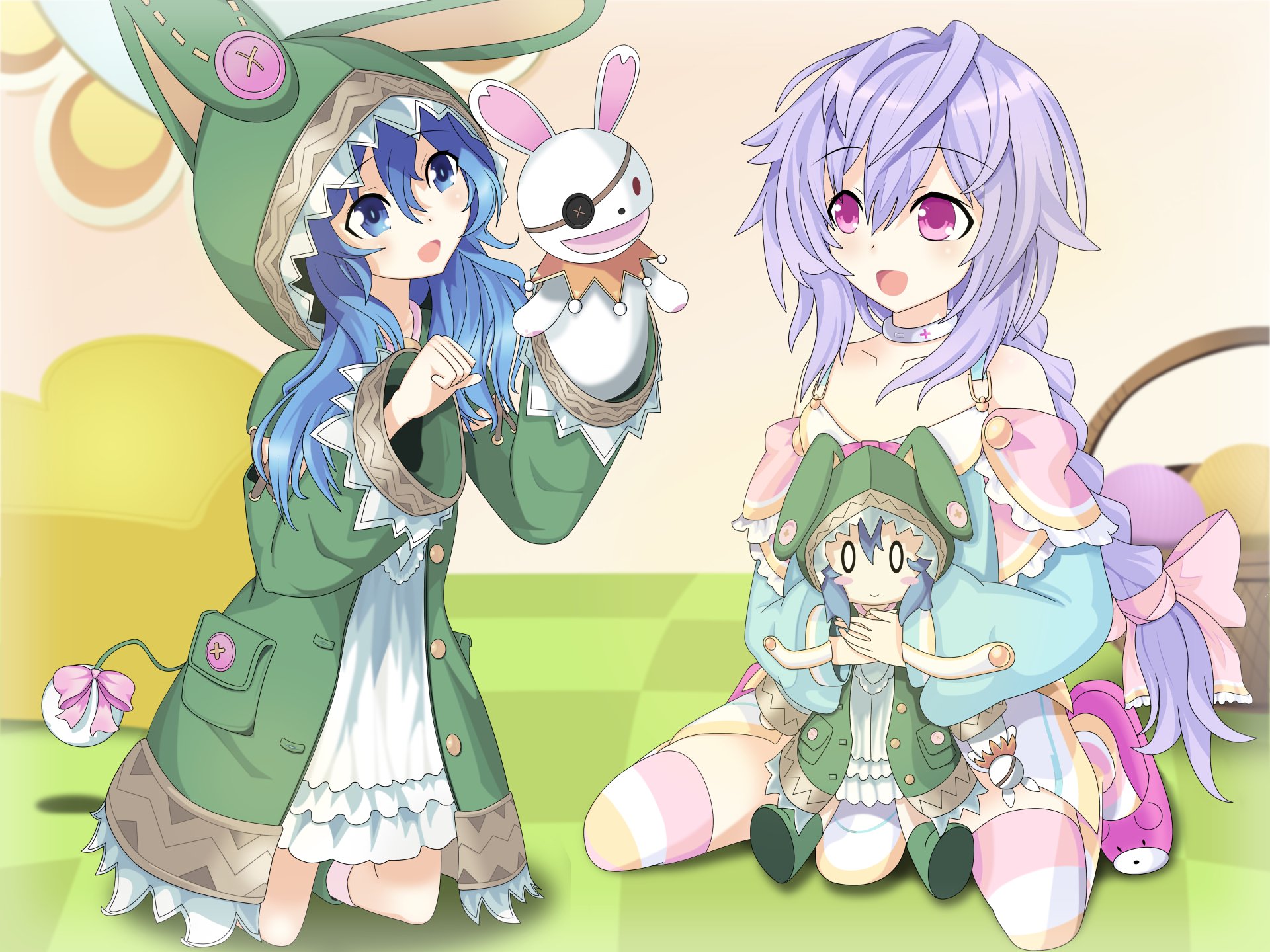 A vibrant 4K Ultra HD anime wallpaper featuring characters from Date A Live, showcasing playful girls in cute outfits with plush toys in a cheerful setting.