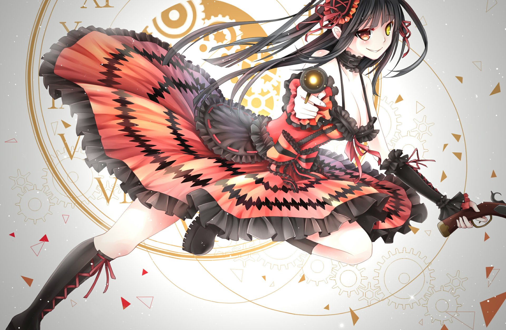 A dynamic HD wallpaper featuring an anime character from Date A Live, showcasing her in a striking black and orange dress, ready for action against a stylized, geometric background.