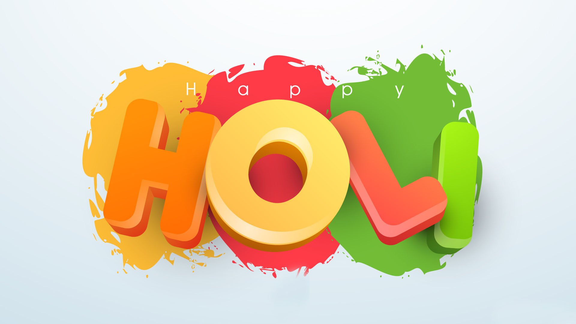 HD PC desktop wallpaper with 3D Holi letters atop vibrant orange, red, and green paint splashes — colorful holiday Holi background.