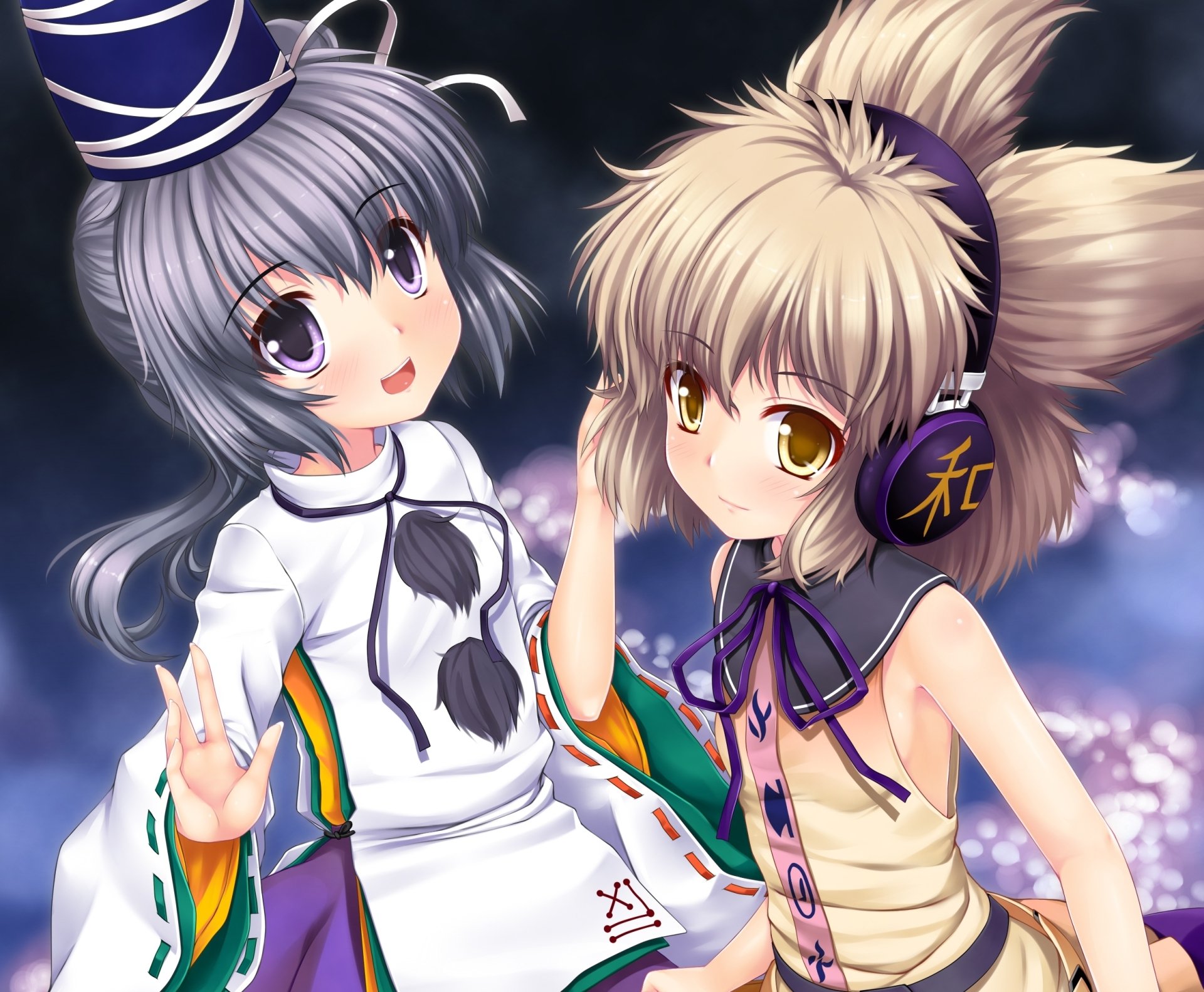 Anime HD desktop wallpaper featuring Touhou characters Toyosatomimi no Miko with blonde hair and yellow eyes, and Mononobe No Futo with grey hair and purple eyes, both wearing headphones.