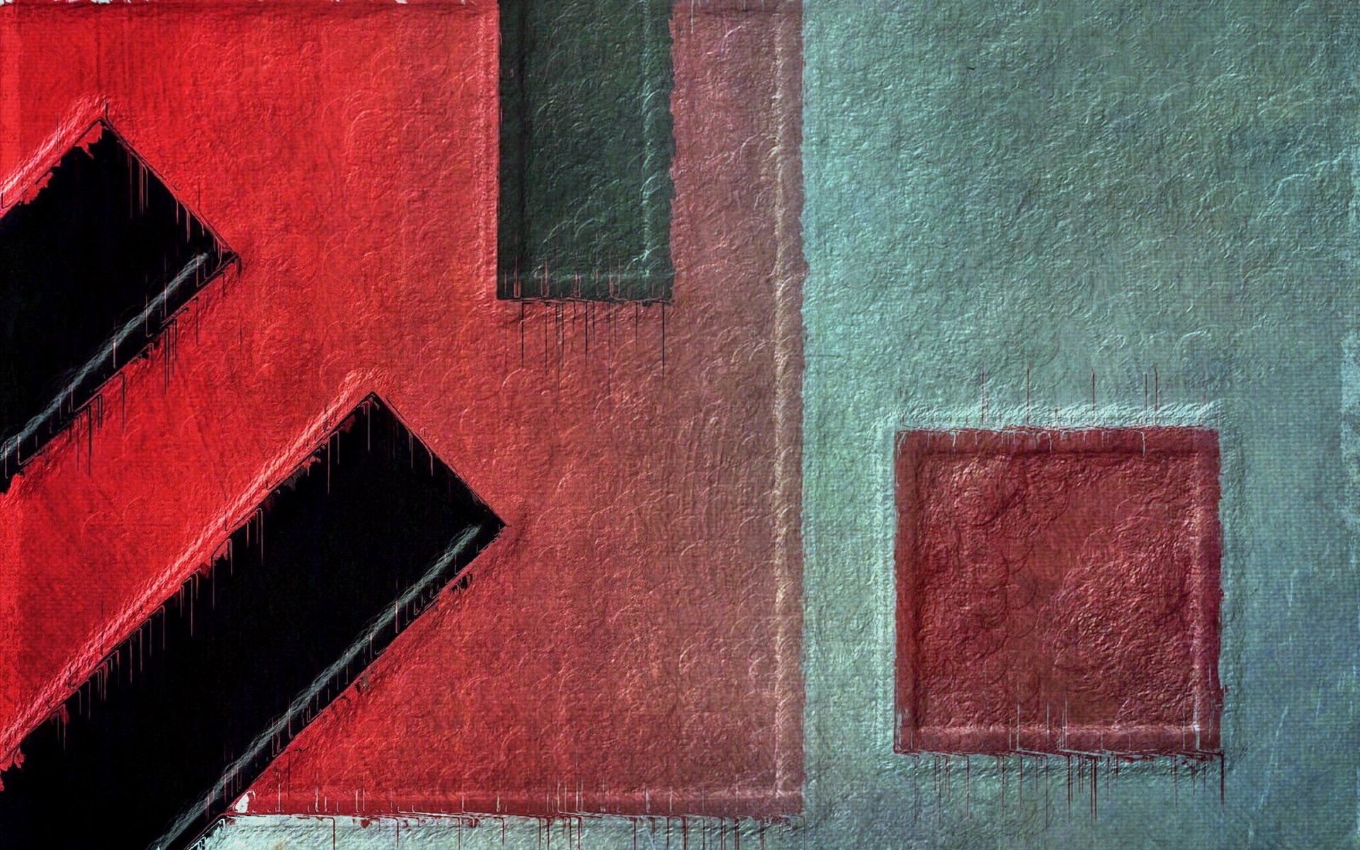 Abstract textured design with geometric shapes in red, black, and muted teal tones, rendered in high definition for a PC desktop wallpaper background.