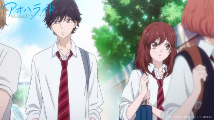 A vibrant HD desktop wallpaper featuring Kou Mabuchi and Futaba Yoshioka from the anime Ao Haru Ride, capturing a moment of youthful connection and emotion.