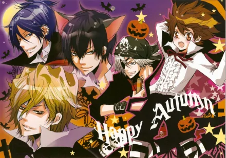 An HD wallpaper featuring characters from Katekyō Hitman Reborn! set against a vibrant autumn theme with Halloween elements and festive colors.