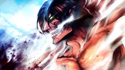 HD desktop wallpaper featuring Eren Yeager from the anime Attack on Titan, showing his powerful and intense transformation with striking colors and dynamic energy.