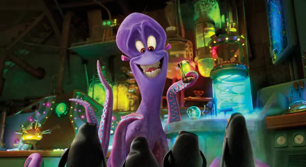 4K Ultra HD PC desktop wallpaper from the movie Penguins of Madagascar: a grinning purple octopus villain in a glowing laboratory faces four penguins.