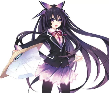 Tohka Yatogami from the anime Date A Live stands confidently, holding a large, translucent shield. Her striking purple hair and school uniform make for an eye-catching HD wallpaper.