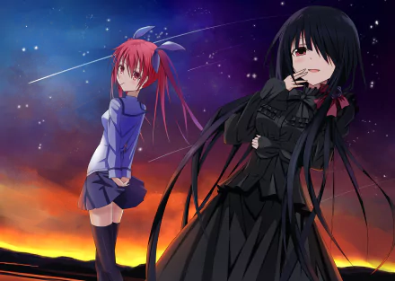 HD wallpaper featuring Kurumi Tokisaki and Kotori Itsuka from the anime Date A Live, set against a vibrant, starry night background.