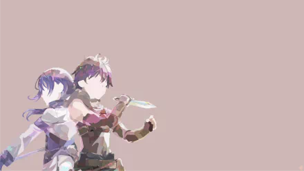 Illustration featuring Mary and Haruhiro from Grimgar of Fantasy and Ash, showcasing their dynamic poses against a soft, muted background. HD quality wallpaper for fans of the anime.