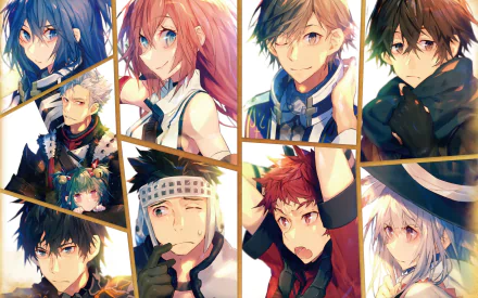 HD wallpaper featuring characters Moguzo, Ranta, Shihoru, Haruhiro, Manato, Yume, and Mary from Grimgar of Fantasy and Ash, showcasing their unique designs and expressions.