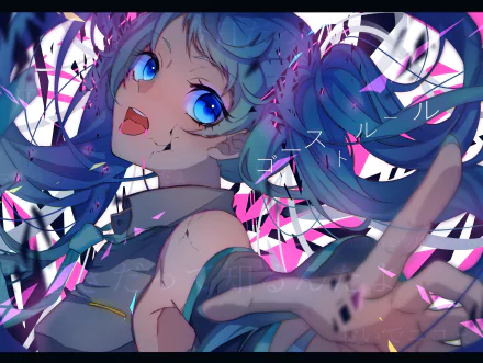 A vibrant HD wallpaper featuring Hatsune Miku with blue hair in twintails and striking blue eyes, wearing a dress, surrounded by colorful fragments and a dynamic background.