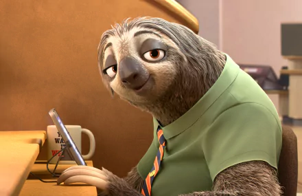 Flash from Zootopia is depicted in this HD desktop wallpaper, showcasing his laid-back demeanor as he casually holds a phone in an office setting.