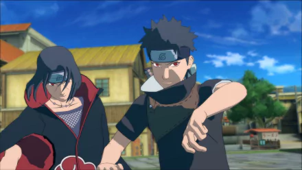 A dynamic HD wallpaper featuring Itachi Uchiha and Shisui Uchiha from the video game Naruto Shippuden: Ultimate Ninja Storm 4, showcasing their distinctive outfits and fierce expressions.