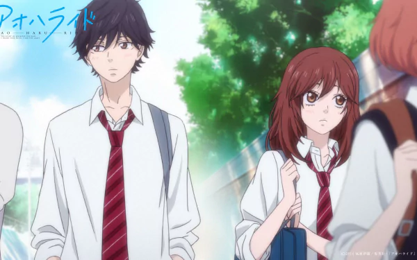 A vibrant HD desktop wallpaper featuring Kou Mabuchi and Futaba Yoshioka from the anime Ao Haru Ride, capturing a moment of youthful connection and emotion.