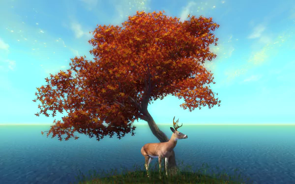 HD PC desktop wallpaper from the video game The Elder Scrolls IV: Oblivion — a red-leaved tree by the water with a standing deer under a bright sky.