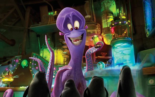 4K Ultra HD PC desktop wallpaper from the movie Penguins of Madagascar: a grinning purple octopus villain in a glowing laboratory faces four penguins.