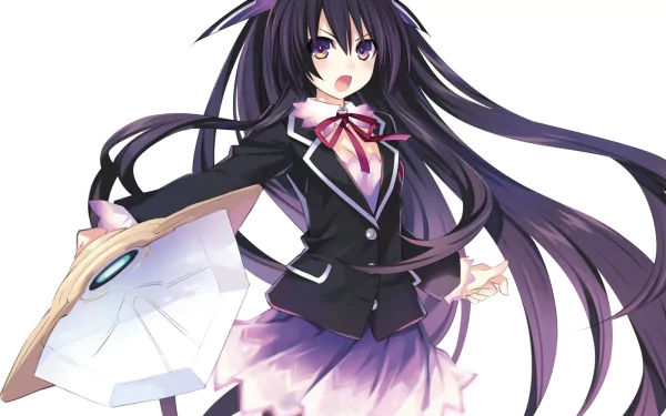 Tohka Yatogami from the anime Date A Live stands confidently, holding a large, translucent shield. Her striking purple hair and school uniform make for an eye-catching HD wallpaper.