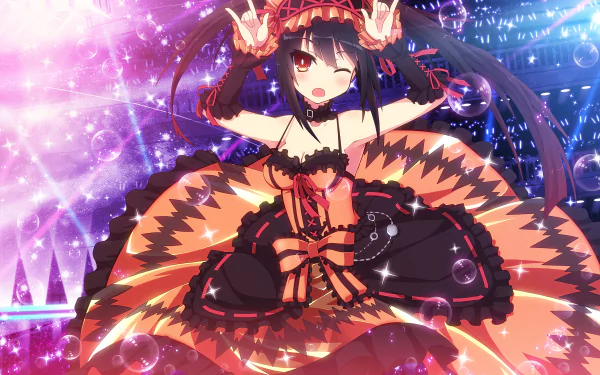 HD desktop wallpaper featuring Kurumi Tokisaki from Anime Date A Live. Kurumi wears a detailed red and black dress, with glowing lights and bubbles in the background.