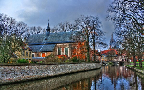 Photography HDR Man Made Religious Church Canal Brugge Belgium Tree HD Wallpaper | Background Image