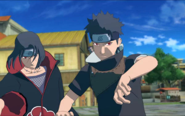 A dynamic HD wallpaper featuring Itachi Uchiha and Shisui Uchiha from the video game Naruto Shippuden: Ultimate Ninja Storm 4, showcasing their distinctive outfits and fierce expressions.