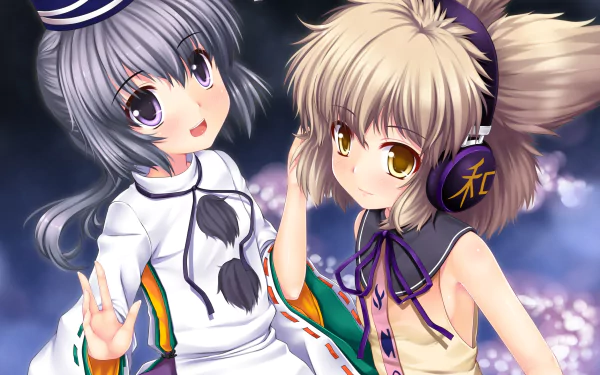 Anime HD desktop wallpaper featuring Touhou characters Toyosatomimi no Miko with blonde hair and yellow eyes, and Mononobe No Futo with grey hair and purple eyes, both wearing headphones.