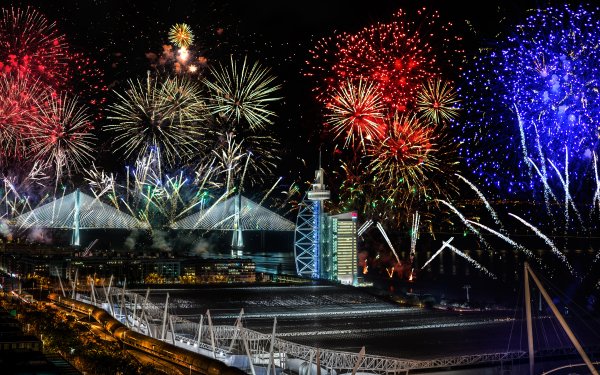 Photography Fireworks New Year bridge Vasco da Gama Lisbon Portugal Night HD Wallpaper | Background Image