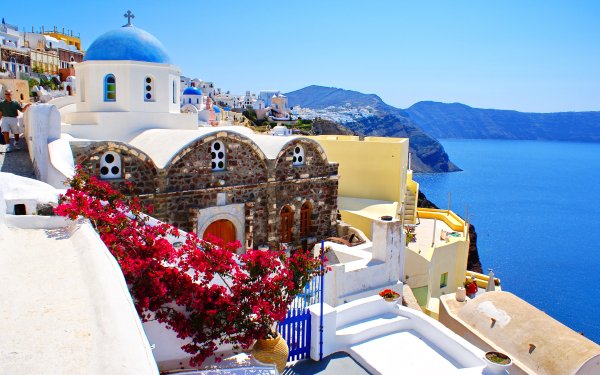 Man Made Santorini Towns Greece Architecture Church House Dome Flower HD Wallpaper | Background Image
