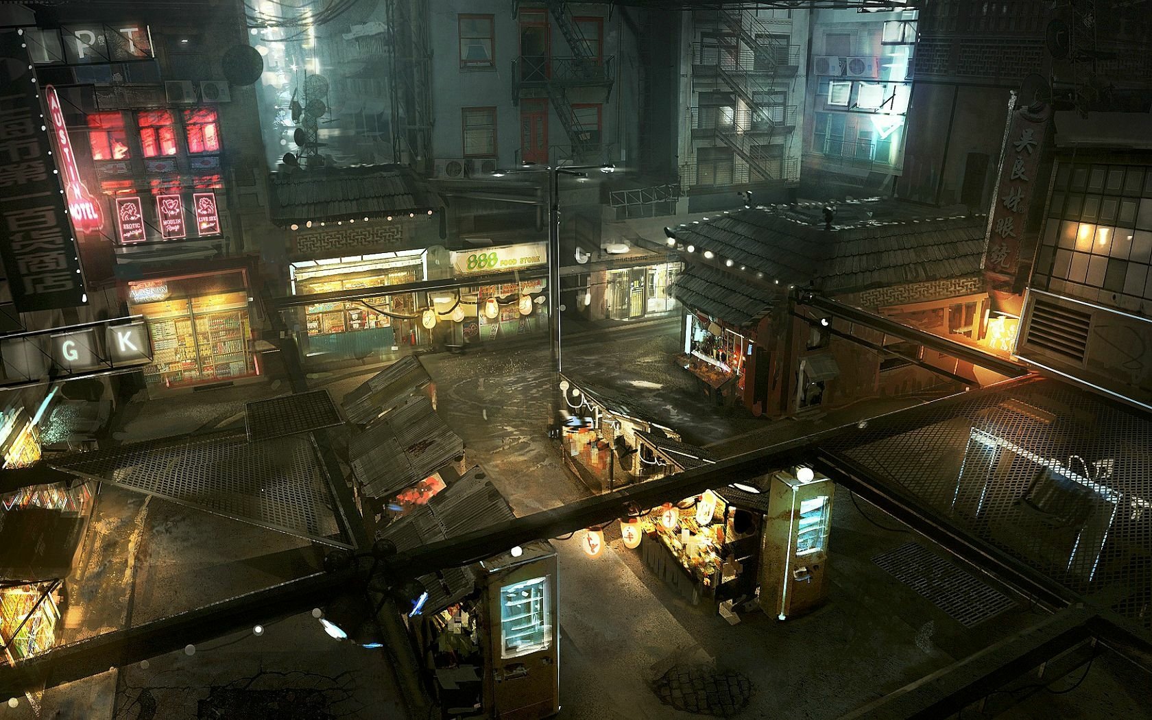 HD cyberpunk city scene wallpaper featuring neon-lit streets and futuristic architecture for a desktop background.