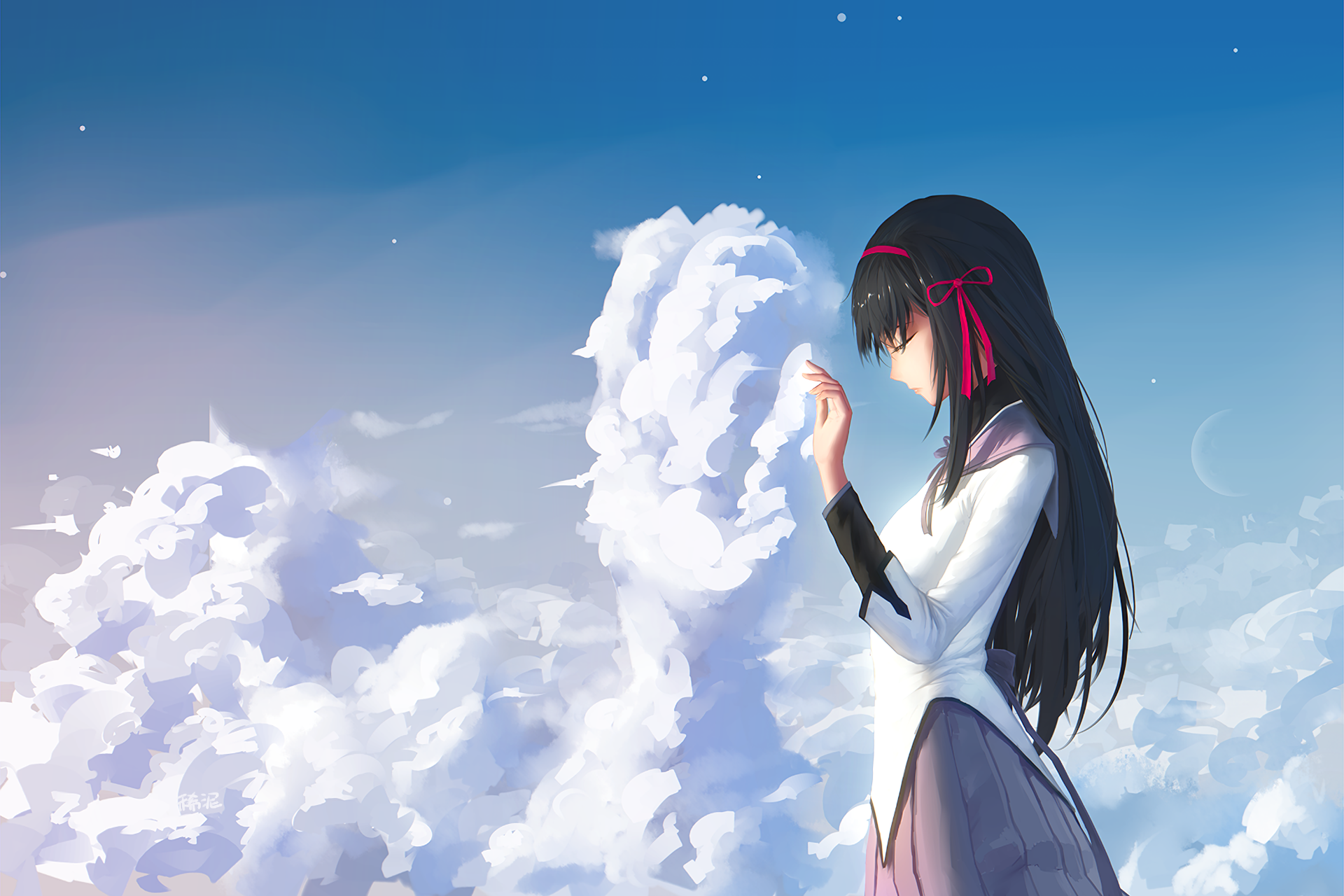 Homura Akemi (Puella Magi Madoka Magica) in profile reaching toward a billowing white cloud under a clear blue sky — HD anime PC desktop wallpaper.
