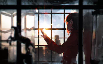 HD wallpaper featuring an anime girl standing by a window, reaching towards the sunlight. The background shows a scenic view through the window, adding a serene atmosphere to the image.